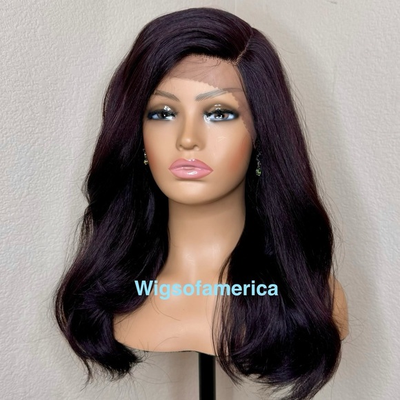 Burgundy wig  medium length lace front side part wavy layered 16 inch  Heat ok main image 6